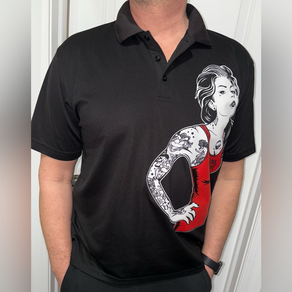 Tattoo Golf Sz Large Black Polo Shirt Red Graphic Tattooed Woman